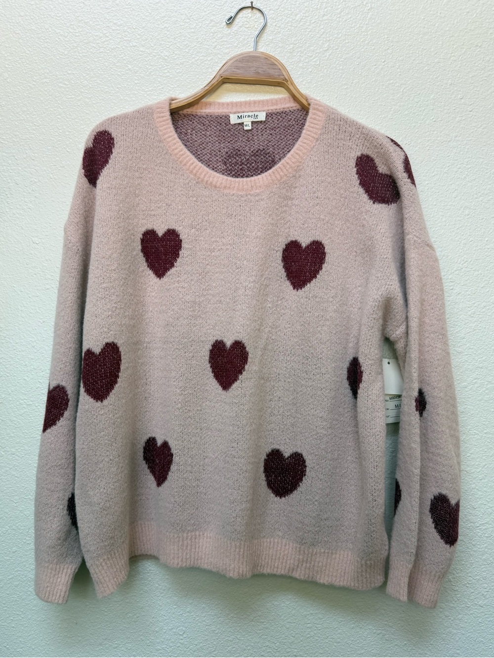Miracle Dusty Pink Crewneck Sweater with Burgundy Heart Print